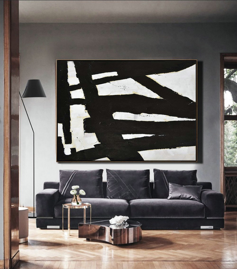 Hand Made Original Art,Horizontal Palette Knife Minimal Canvas Art Painting Black White Beige - Hand Paint Large Clean Modern Art